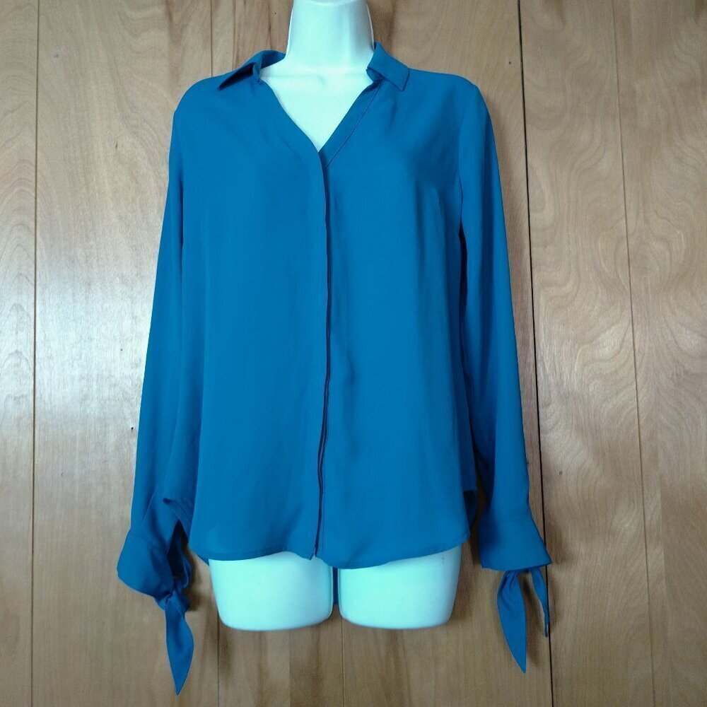 Worthington Size XS Blue Button Front Long Sleeve Blouse Tie Sleeve Office